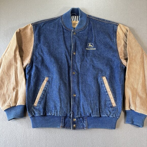 VTG Turning Point John Deere Denim Jacket 90s Mens M Bomber Embroidered Logo - Picture 1 of 14